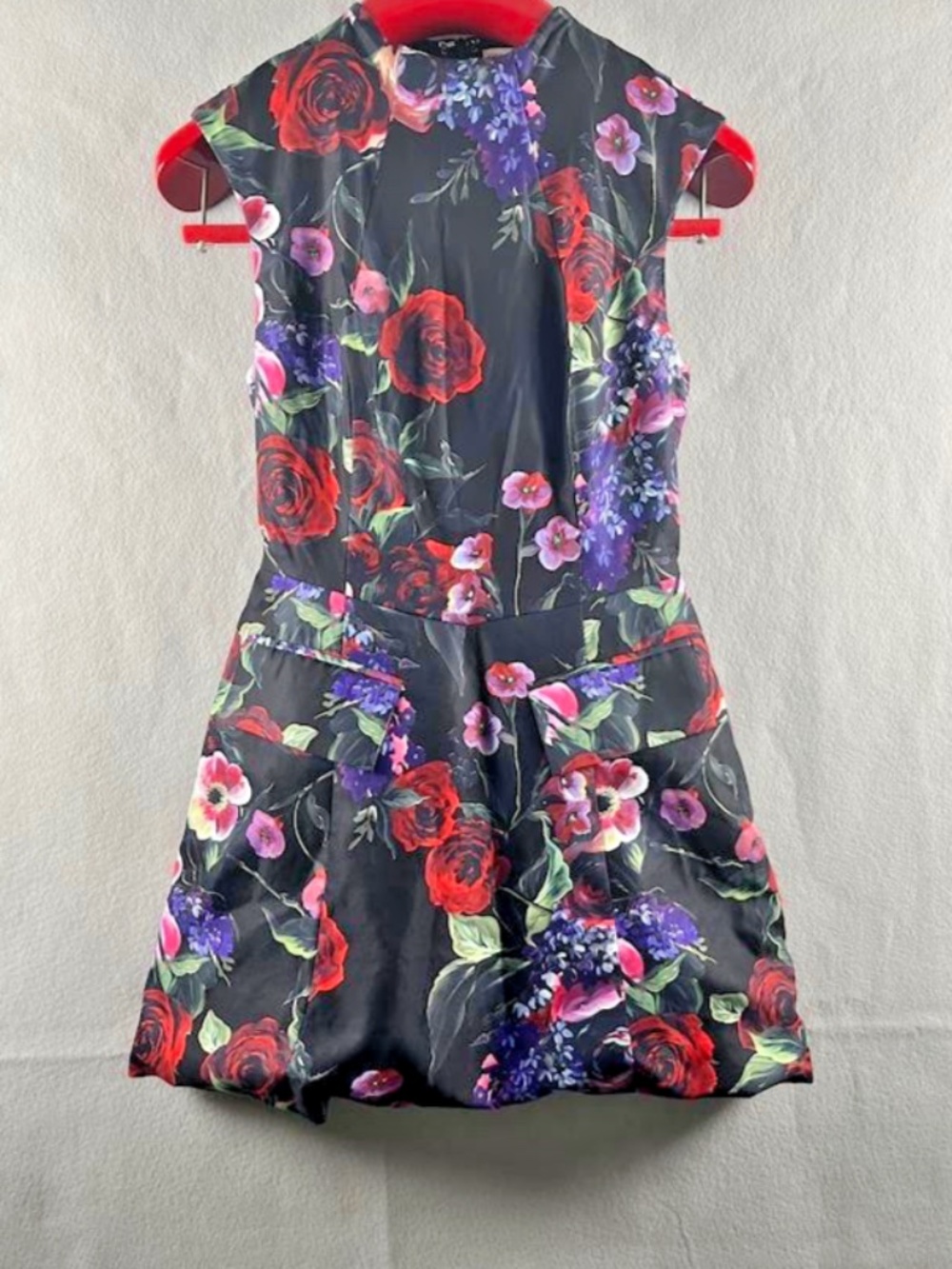 Avec Les Filles Black Red Purple Floral Sleeveless A-Line Mini Dress Sz 2 Flirty